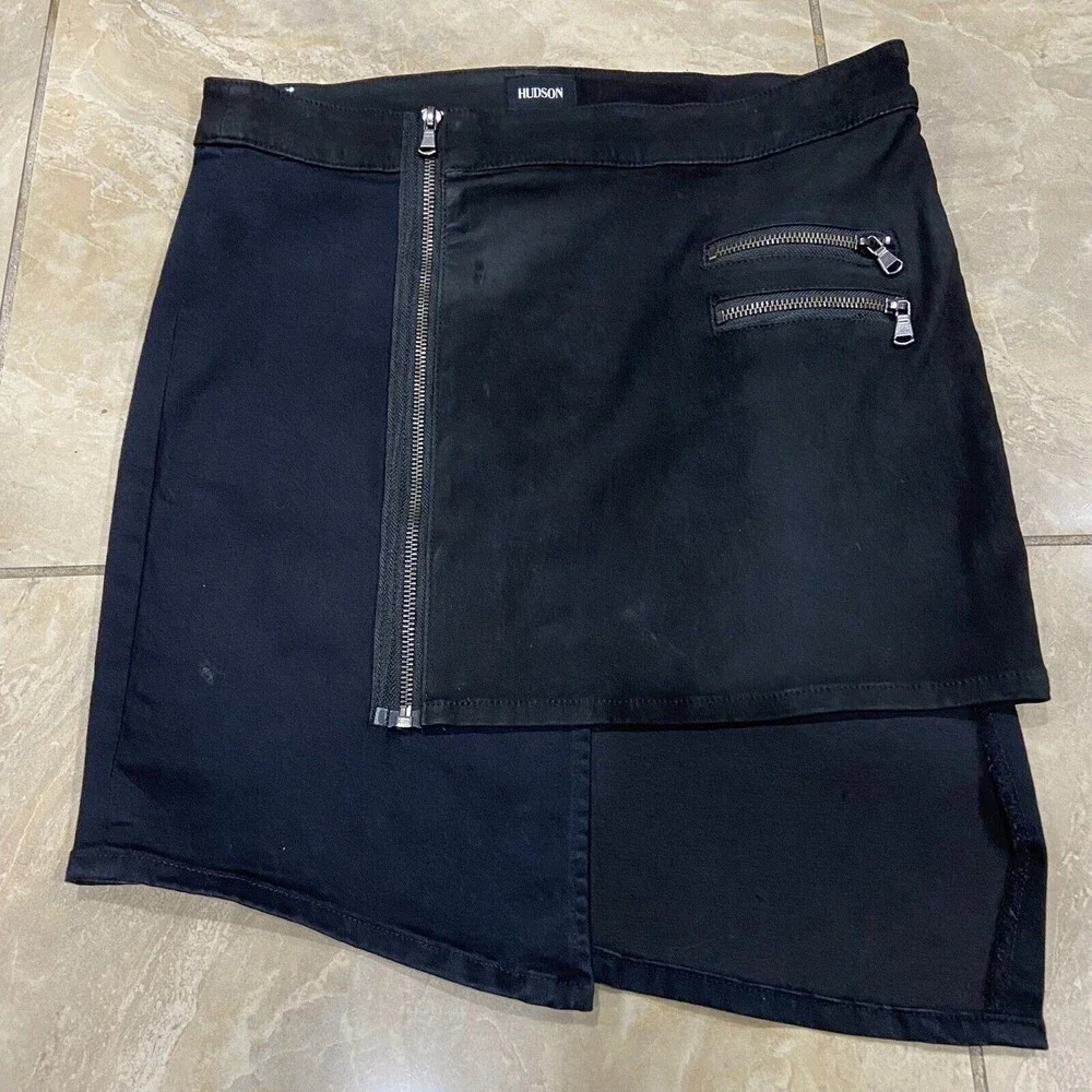Hudson Lamb Nubuck Leather Black Denim Asymetrical Kink Mini Skirt Size 28 $415 - Picture 2 of 6